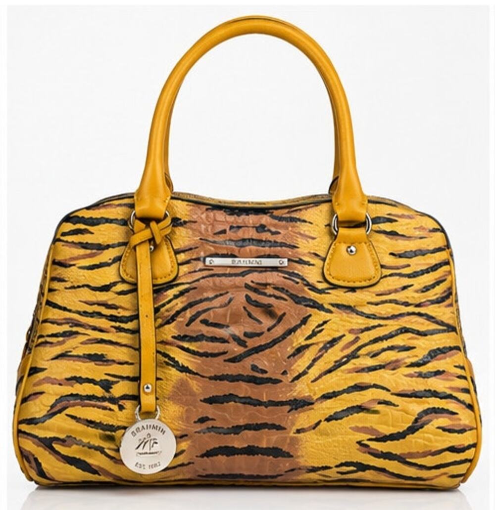 Brahmin Tiger Print Satchel Handbag Yellow Brown Black Embossed Shoulder Bag